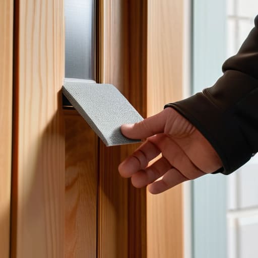 Person weatherstripping a door to save energy.